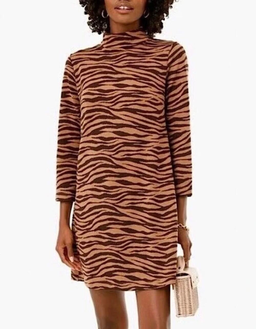 Tuckernuck Ellie Knit Dress XS Brown Zebra Print Mock Neck Mini Shift Dress